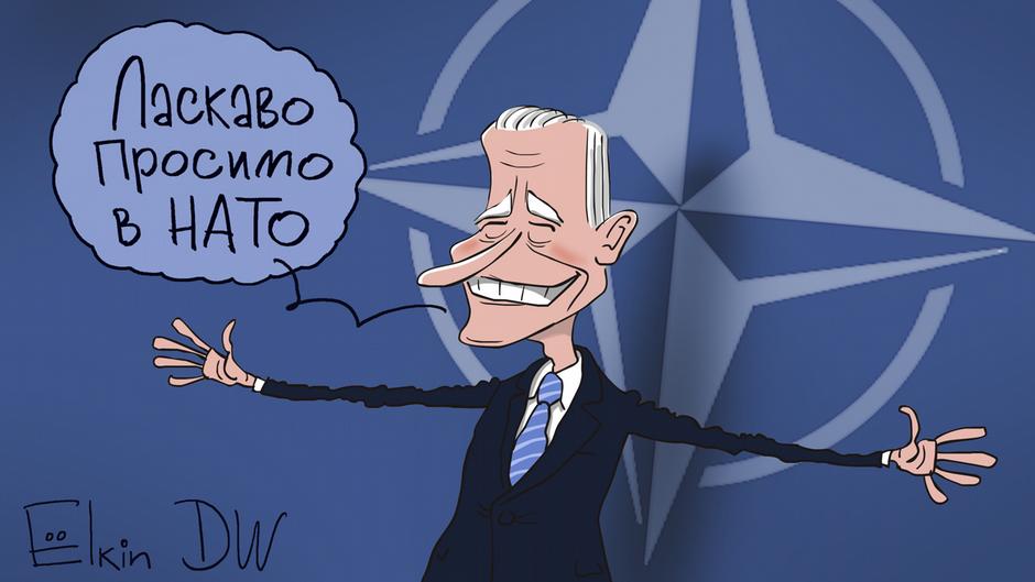 Карикатура "Байден говорит "НАТО и Украина", а думает о Путине", Сергей Елкин