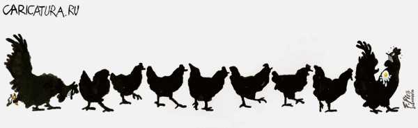 Карикатура "Курица или яйцо - Два петуха", Фернандо Ичиверри