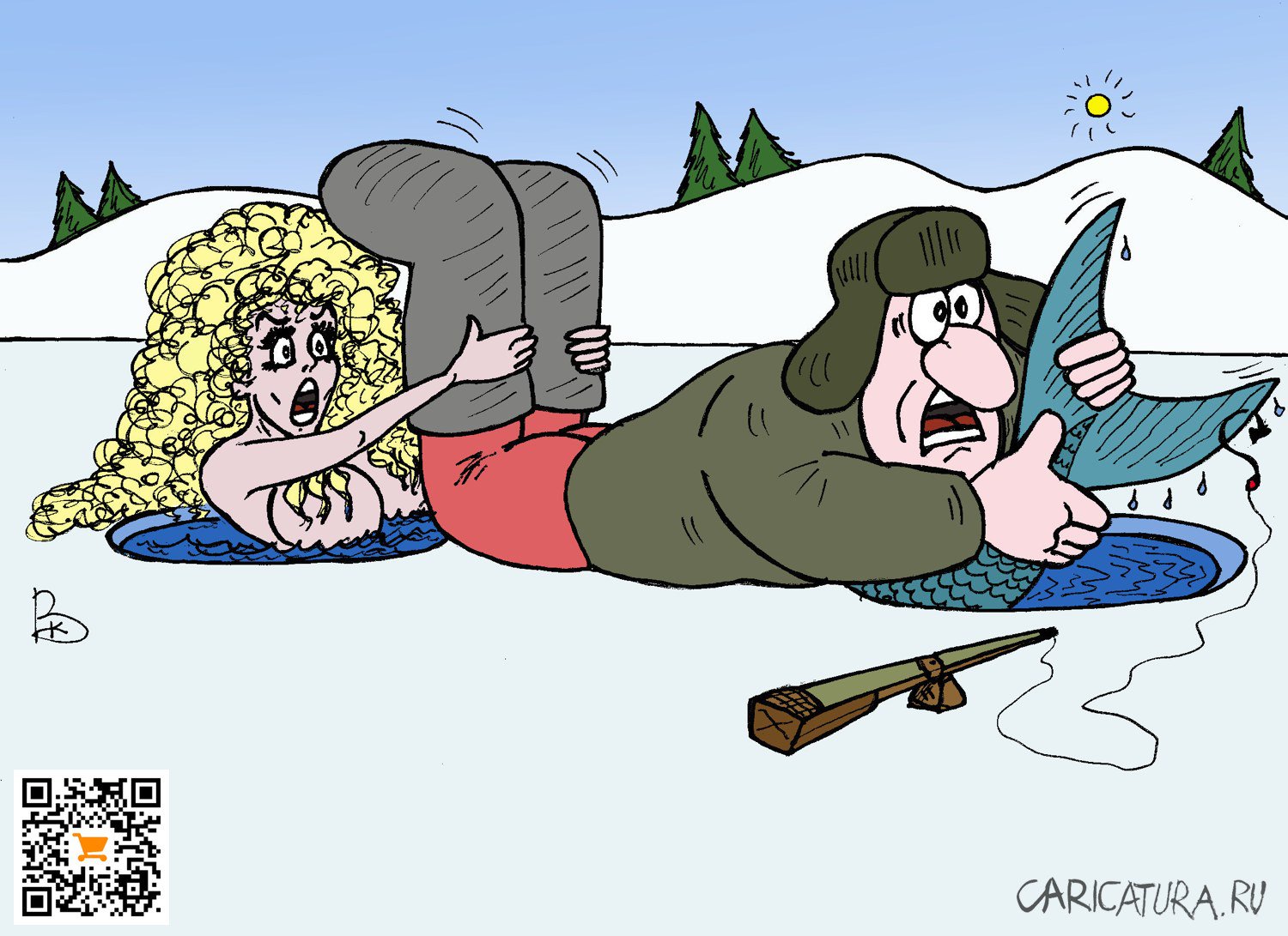 Карикатура "Зимняя рыбалка", Валерий Каненков