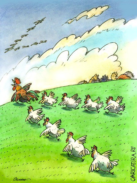 Карикатура "Курица или яйцо - На Юг", Сергей Семендяев