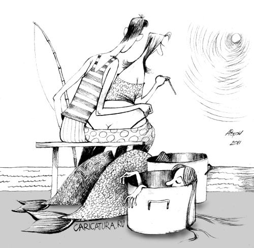 Карикатура "Рыбак и довольная жена", Александр Попов