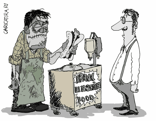 Карикатура "Frankenstein food", Zemgus Zaharans