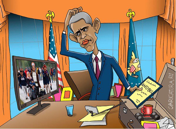 Карикатура "Барак Обама желает уйти миротворцем", Евгений Кран