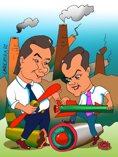 Карикатура "Янукович и Медведев разгребают завалы", Евгений Кран