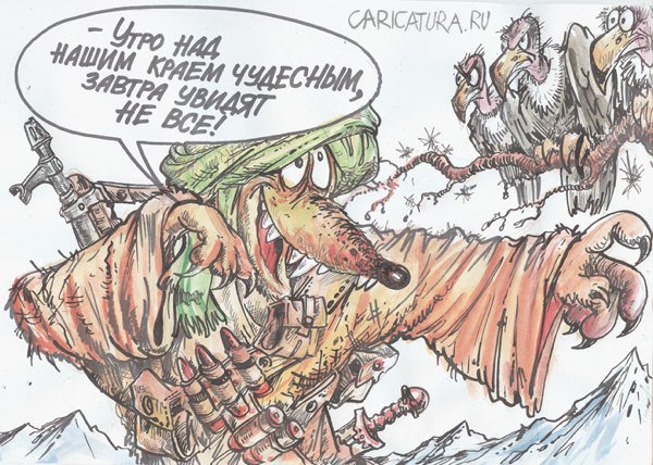 Карикатура "Снова на карабине дремлет лениво рука", Бауржан Избасаров
