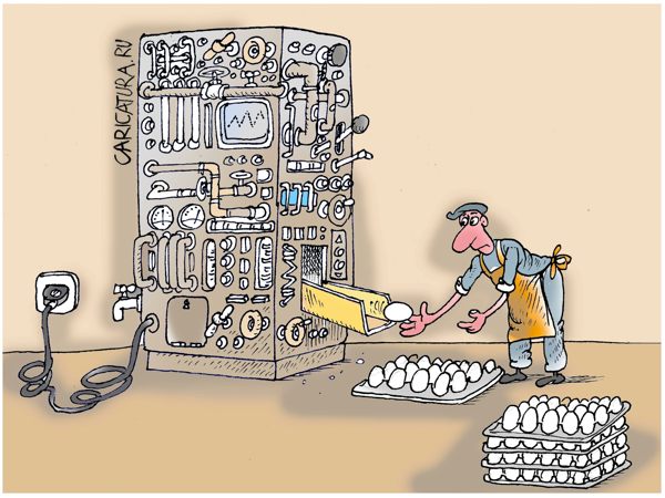 Карикатура "Курица или яйцо - Производство", Миленко Козанович