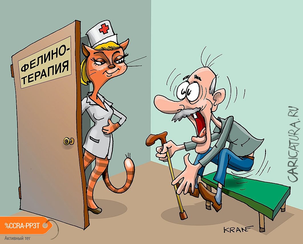 Карикатура "Фелинотерапия мурлыкает и греет", Евгений Кран