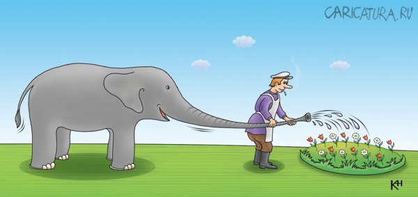 Карикатура "Тихий дворик, слон и дворник", Александр Кузнецов