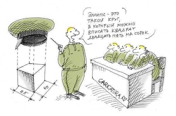 Карикатура "Армейские афоризмы: эллипс - это такой круг", Юрий Прожога